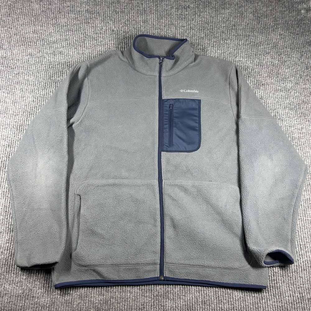 Columbia Jacket Mens XL Gray Full Zip Fleece Blue Trim Chest Pocket P2P 25in